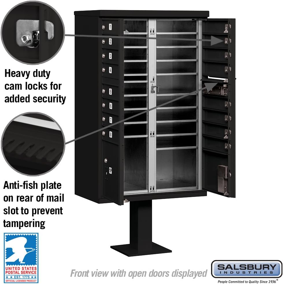 "Cluster Box Unit by Salsbury Industries - 16 A Size Doors, Type III, USPS Lock Compatible, Black (Model: 3316BLK-U)"