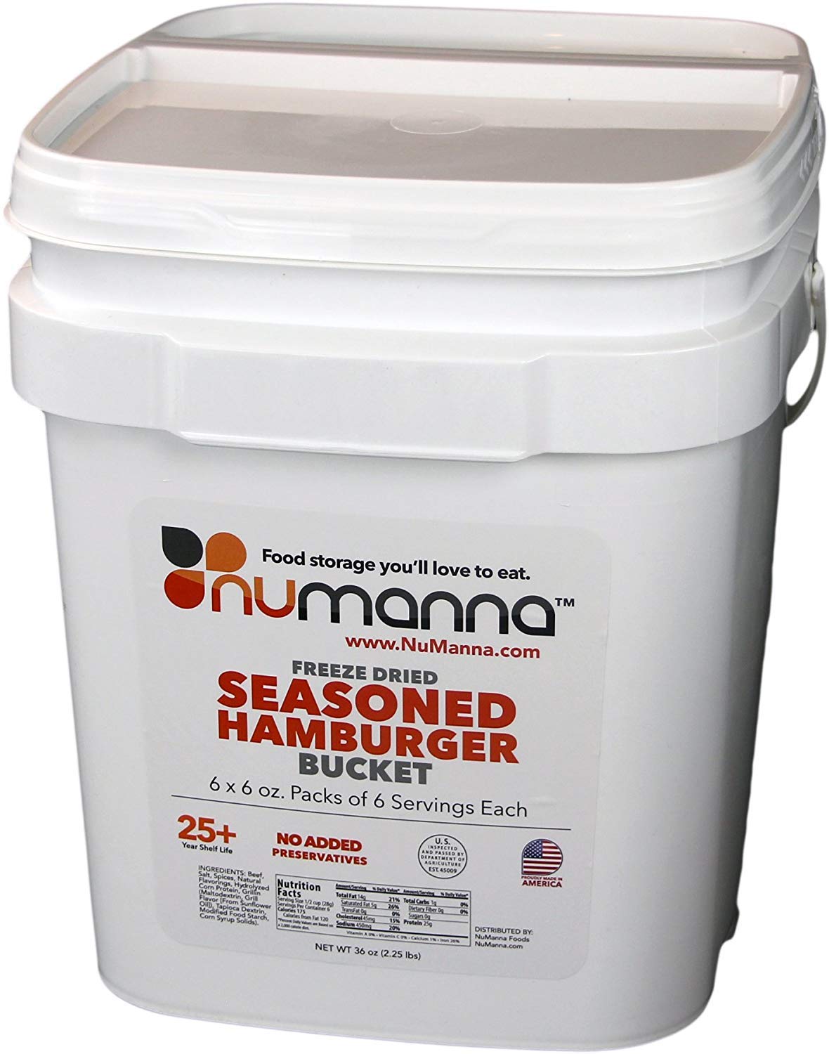 Numanna Freeze-Dried Seasoned Hamburger Beef Bucket 36 Meals , 25 Plus Year Shelf Life