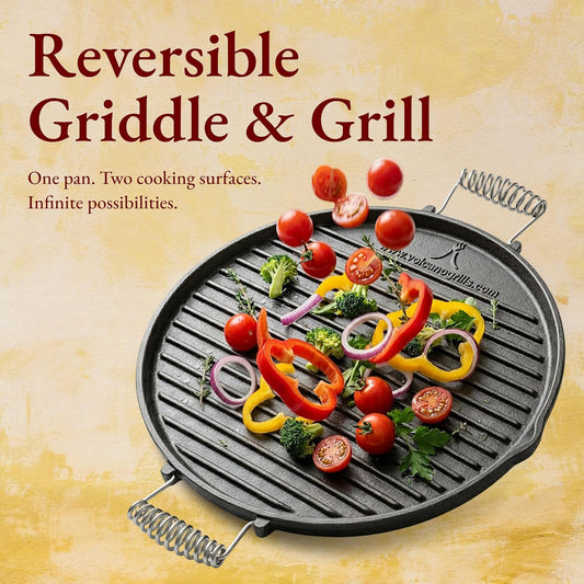 Volcano Reversible Cast Iron Griddle 16 Inch– Dual-Sided Flat & Ribbed Grill Pan for Volcano Collapsible Grill, Pre-Seasoned Round Plate, Portable Camping Cooking for Grilling, Frying & Sauteing