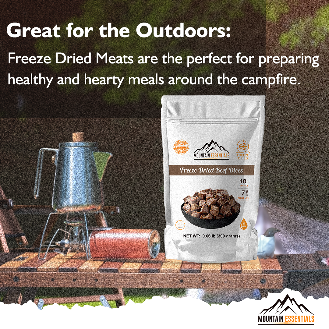Mountain Essentials Freeze Dried Beef Dices | Pre-Cooked Meat for Backpacking, Camping, Meal Prep