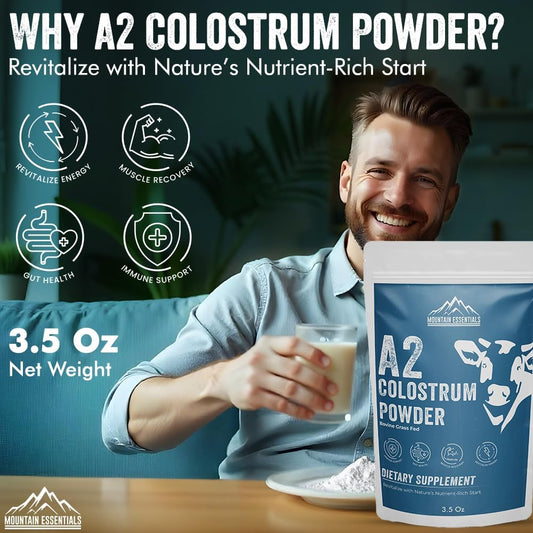 A2 Colostrum Powder 3.5 Oz Bovine Grass Fed Above 40% IGG Gluten Free Non GMO Sugar Free with 1 Year Shelf Life 50 Servings Dietary Supplement Immune Support Muscle Recovery Pack of 1