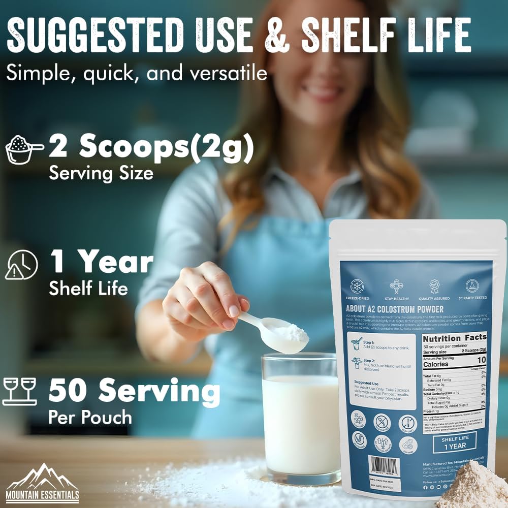 A2 Colostrum Powder 3.5 Oz Bovine Grass Fed Above 40% IGG Gluten Free Non GMO Sugar Free with 1 Year Shelf Life 50 Servings Dietary Supplement Immune Support Muscle Recovery Pack of 1