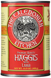 close-up of the label on the can of Caledonian Kitchen Haggis with Lamb.