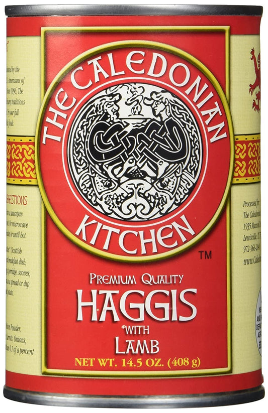  close-up of the label on the can of Caledonian Kitchen Haggis with Lamb.