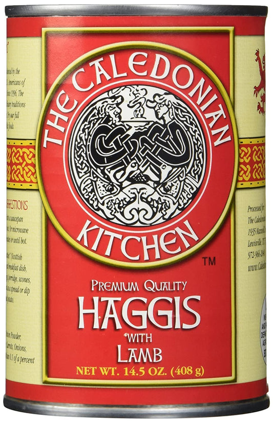 close-up of the label on the can of Caledonian Kitchen Haggis with Lamb.