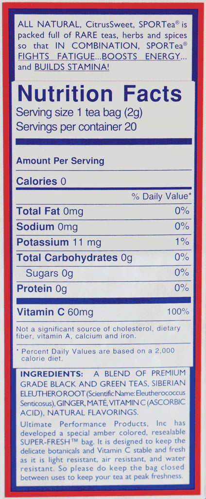 Sportea Hot Tea free Shipping A blend of premium grade black and green teas, siberian eleuthero root (Scientific name: eleutherococcus senticosus), ginger, mate, vitamin C (Ascorbic acid), natural flavorings.SPORTea is 100% natural.