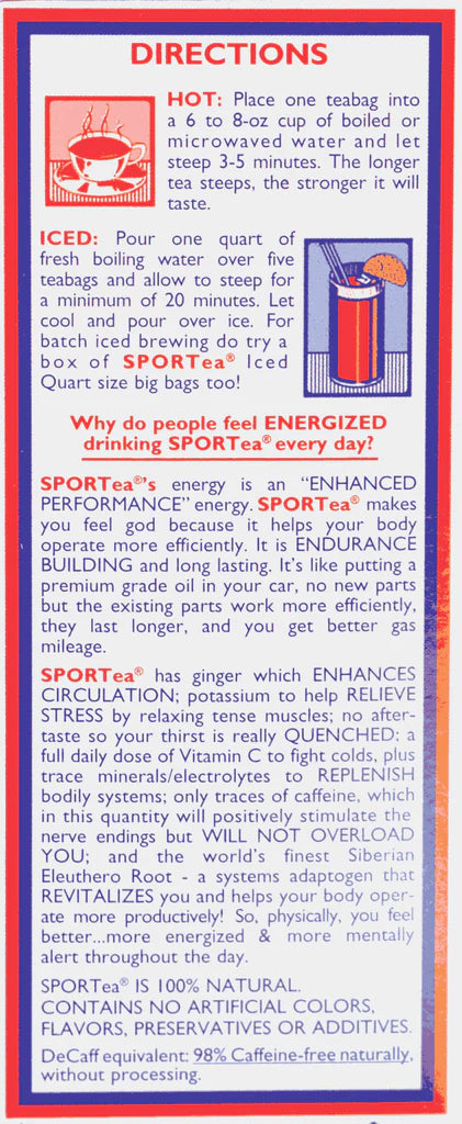 Sportea Hot Tea free Shipping A blend of premium grade black and green teas, siberian eleuthero root (Scientific name: eleutherococcus senticosus), ginger, mate, vitamin C (Ascorbic acid), natural flavorings.SPORTea is 100% natural.