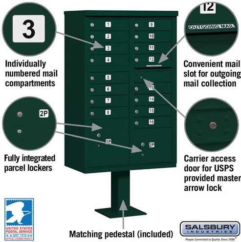 Salsbury 16 Door Cluster Mailbox A Size, USPS Type III Cluster Box Unit, Green - 3316GRN-U