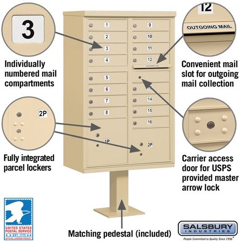 Salsbury 16 Unit Cluster Mailbox A Size Doors Type III - Sandstone - 3316SAN-U