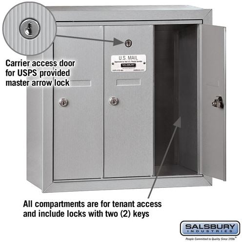 Salsbury Vertical Mailbox - 3 Doors - Aluminum - Surface Mounted - USPS Access - 3503ASU