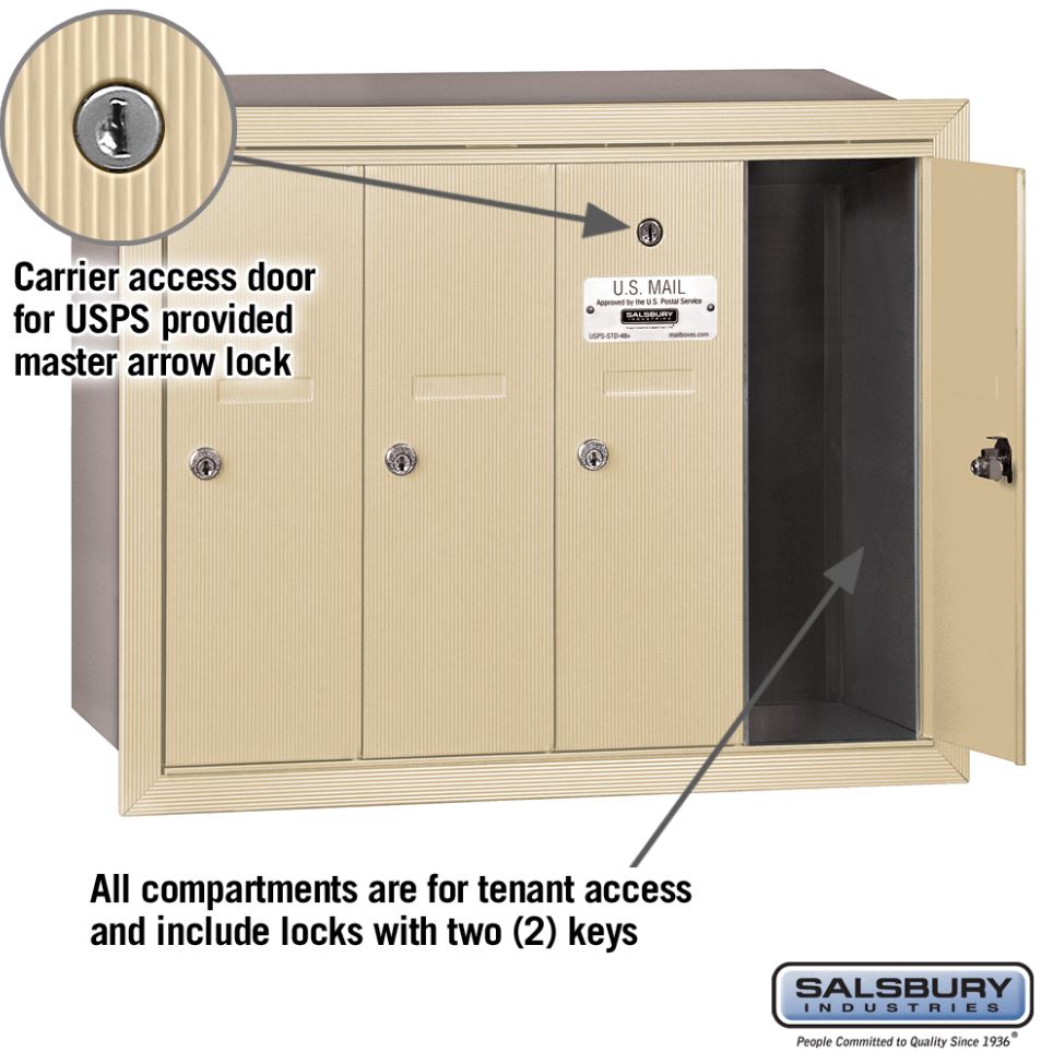 Salsbury Industries 3504SRU Recessed Mounted Vertical Mailbox for use with USPS Lock, 4 Doors, Sandstone