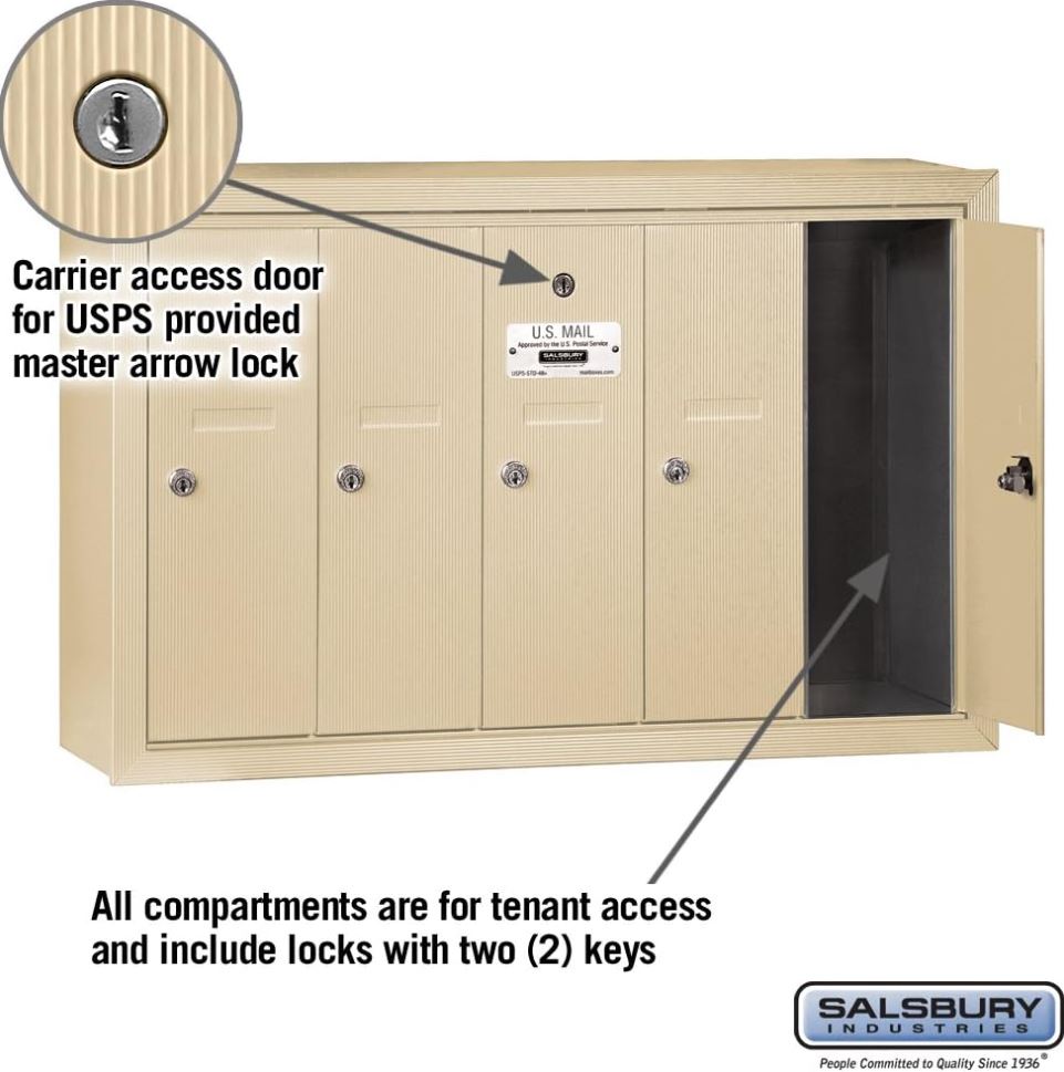 Salsbury Industries 3505SSU Surface Mounted Vertical Mailbox with USPS Access and 5 Doors, Sandstone