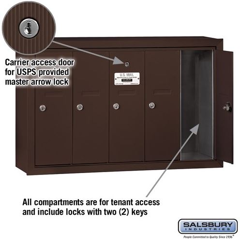 Salsbury Industries 3505ZSU Surface Mounted Vertical Mailbox with USPS Access and 5 Doors, Bronze