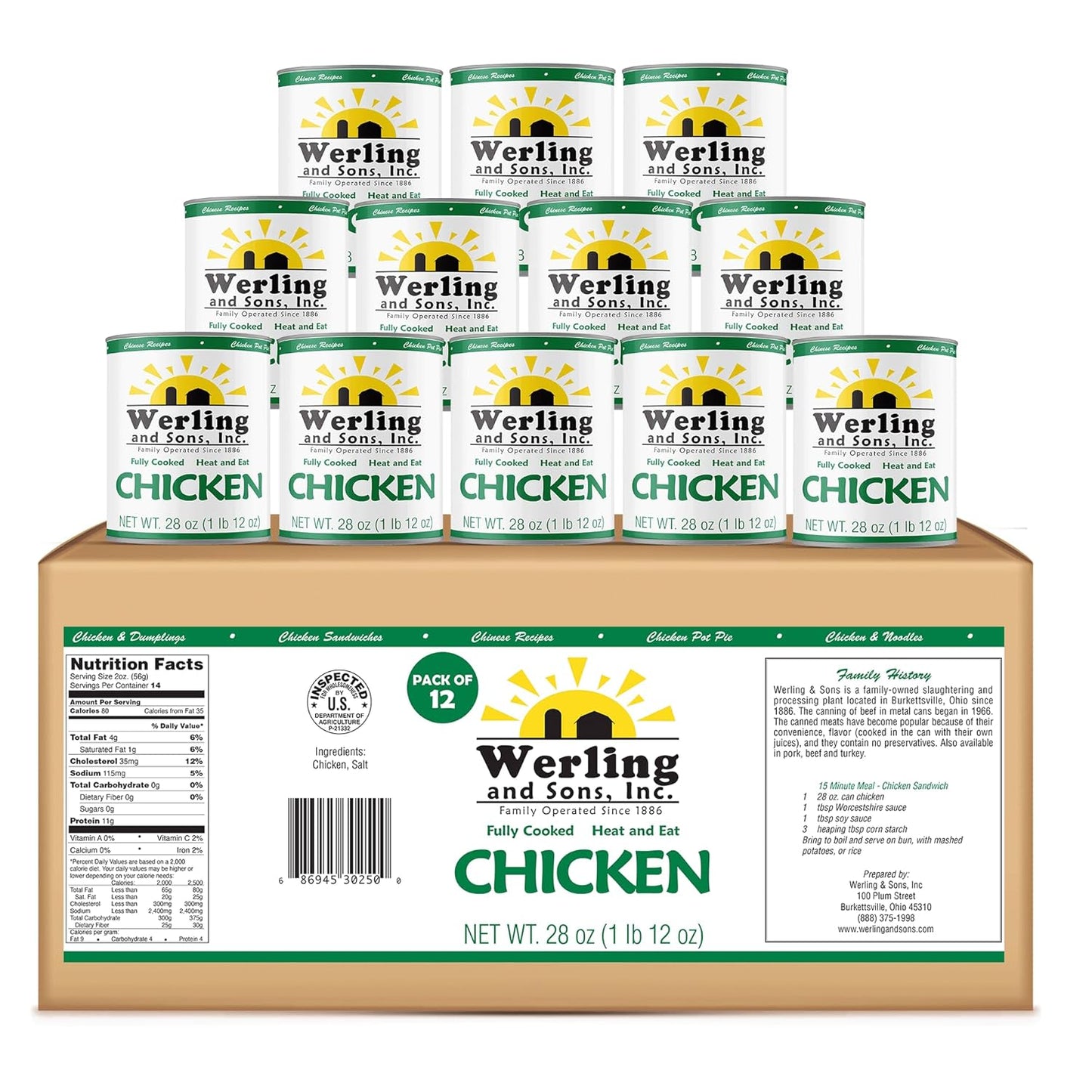 Werling & Sons Canned Chicken Fully Cooked Ready to Eat 28 oz cans