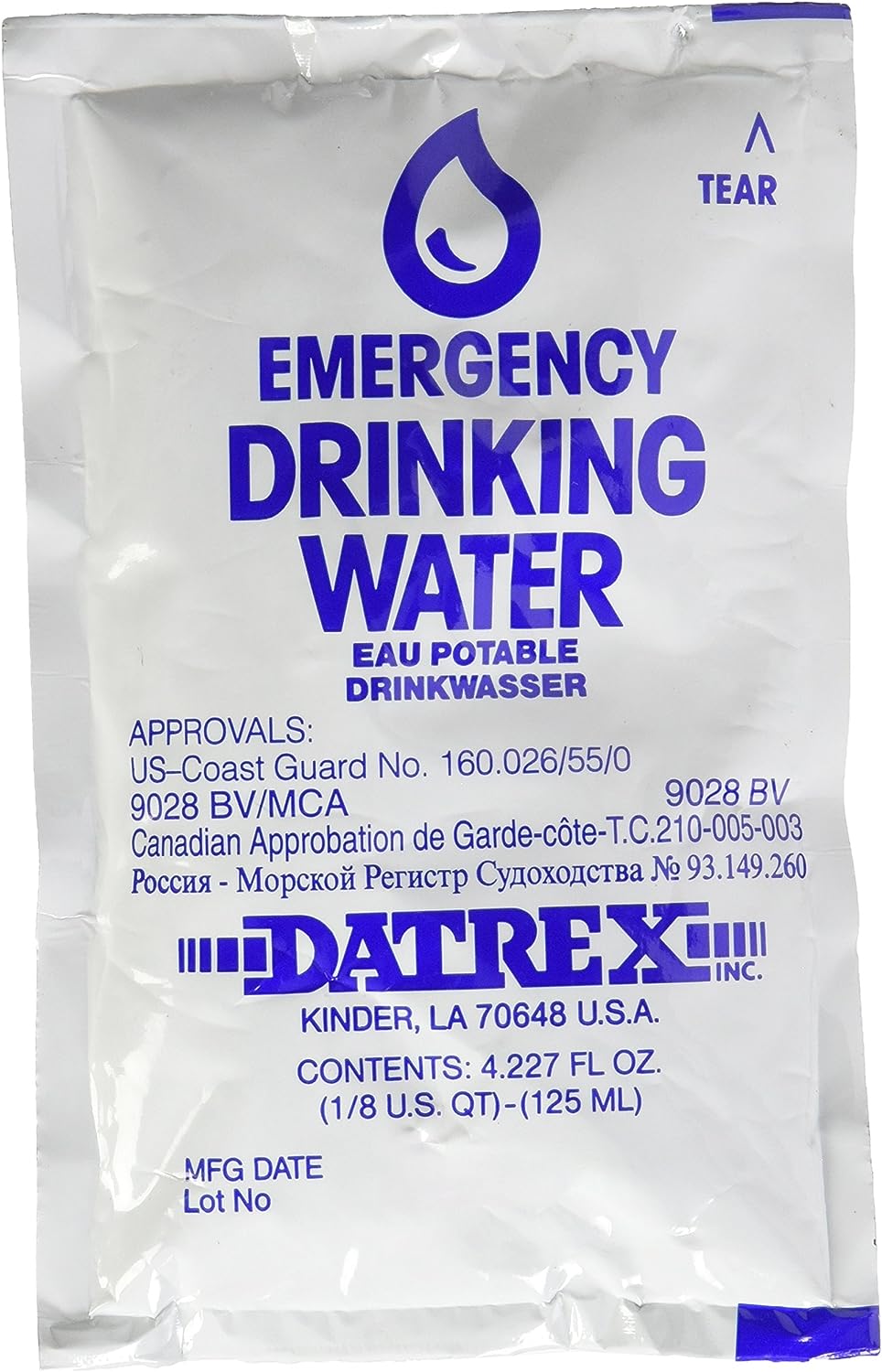 DATREX Emergency Water Pouch for Disaster or Survival, 125 ml Each