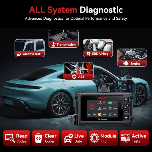 iCarsoft CR Genius(2005) OBD2 Scanner for All Vehicle, All System Scan Tool, Powerful Bidirectional Actuation Test/Full Reset/Battery Test Registration Car Code Reader, Touchscreen, Auto VIN/Scan