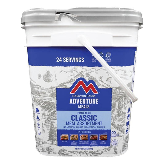 Mountain House Classic Bucket features 12 assorted pouches of Mountain House favorites and makes a great camping food stash or emergency food supply.