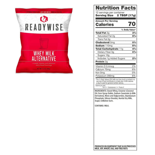 READYWISE - Whey Milk Alternative Bucket, 120 Servings, Emergency, MRE Meal & Drink Supply, Premade, Freeze Dried Survival Drink for Hiking, Adventure and Camping Essentials, Individually Packaged, 25 Year Shelf Life