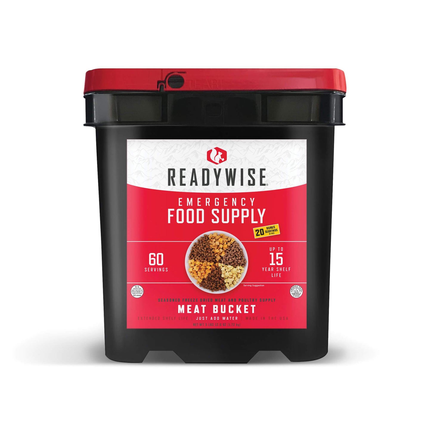 60 Serving Freeze Dried Meat Bucket + 20 Servings of Rice