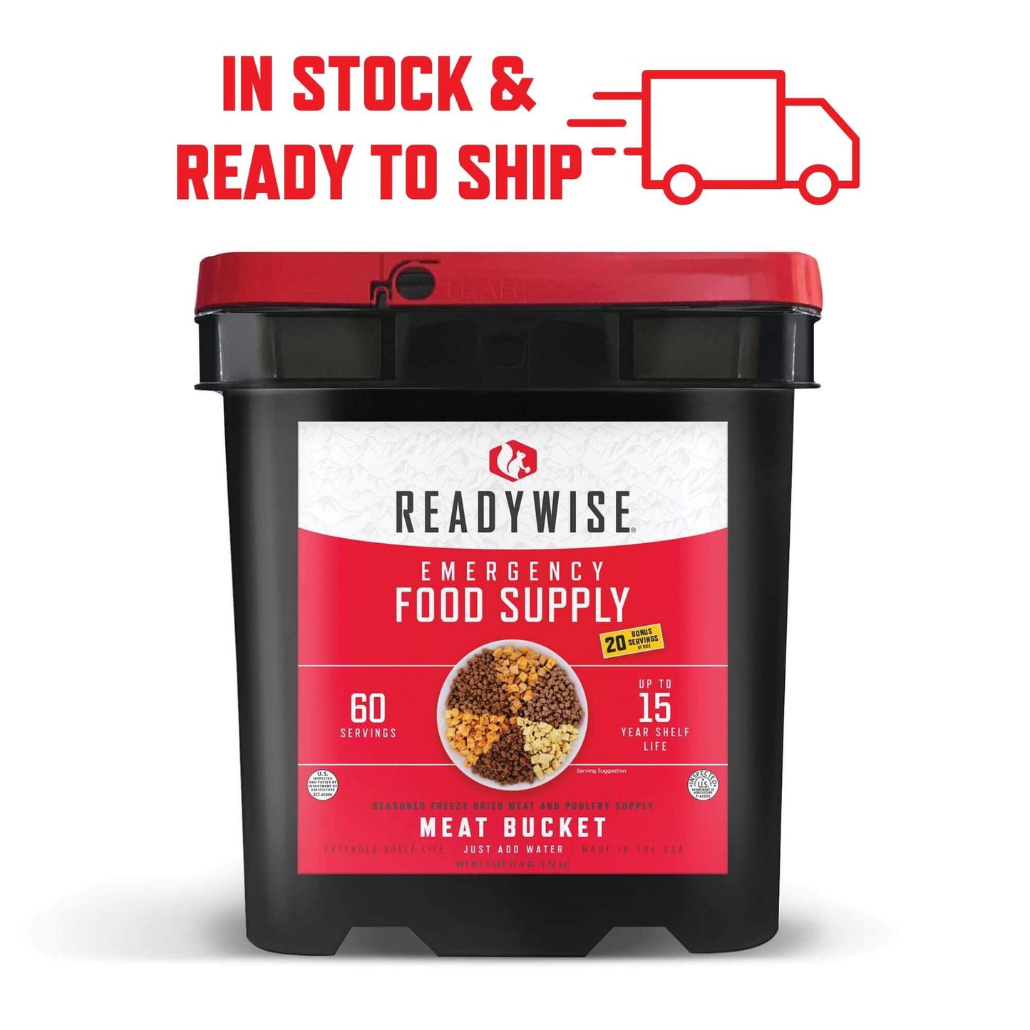 60 Serving Freeze Dried Meat Bucket + 20 Servings of Rice