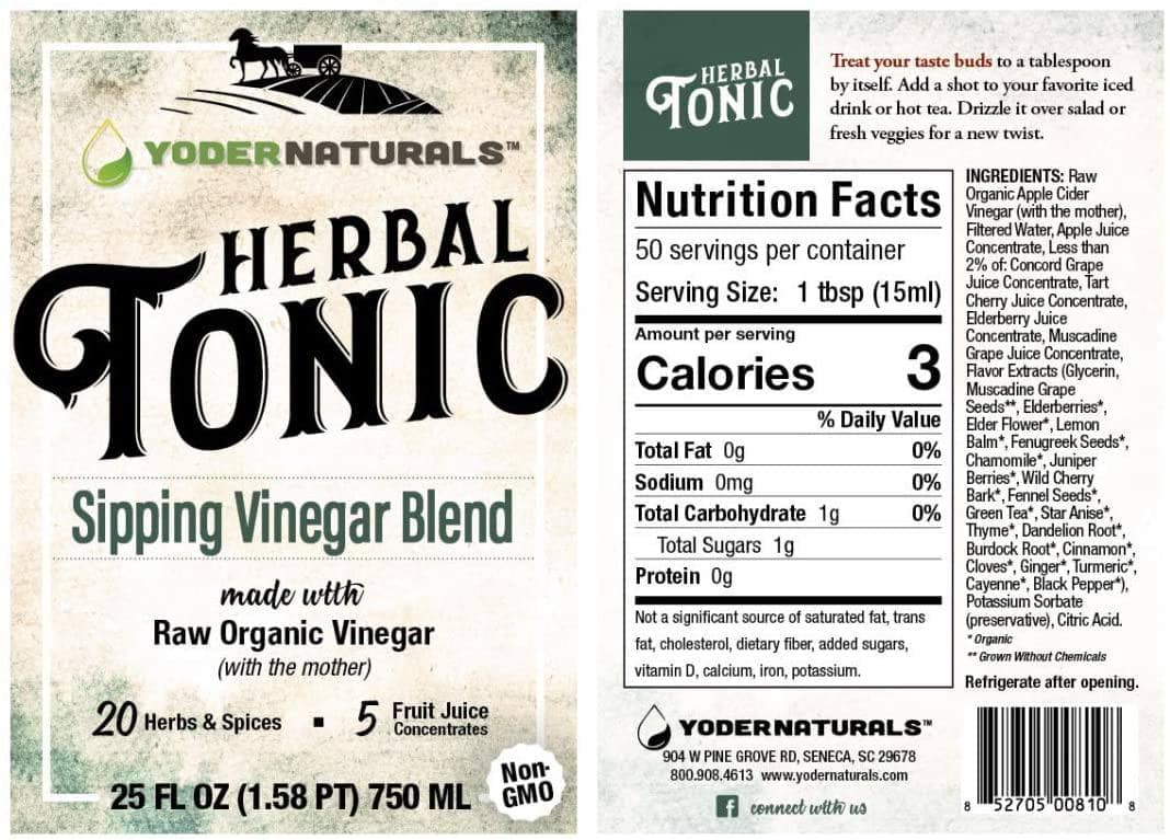 Yoder Naturals Herbal Tonic Herb Infused Apple Cider Vinegar Supplement 25 fl oz, 3 Bottle Deal 3 x 25 fl oz