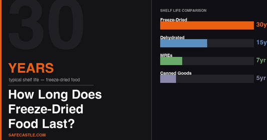 Shelf life comparison chart — freeze-dried food lasts 25-30 years