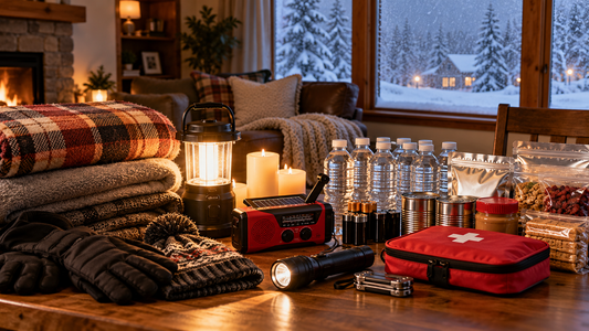 Winter storm emergency preparedness kit with blankets, lantern, radio, water and first aid on a table
