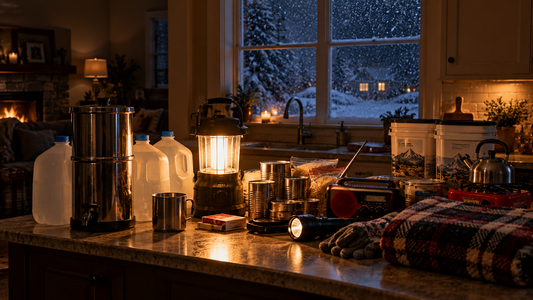 Home kitchen counter with emergency supplies during a winter power outage — lantern, water jugs, canned food, radio, flashlight and blankets