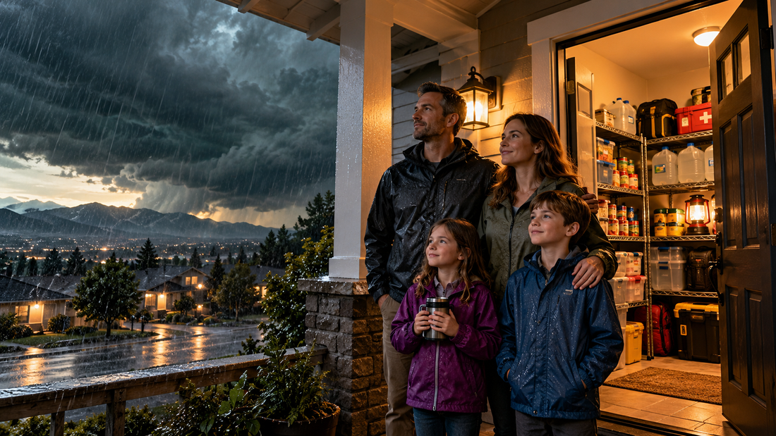 Family watches El Niño storm approach with emergency supplies ready behind them