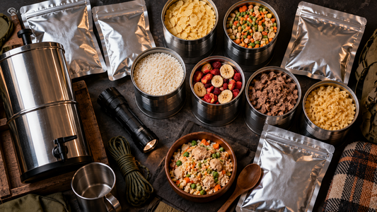 Emergency food supply kit with freeze-dried cans, mylar bags, water filter, and flashlight
