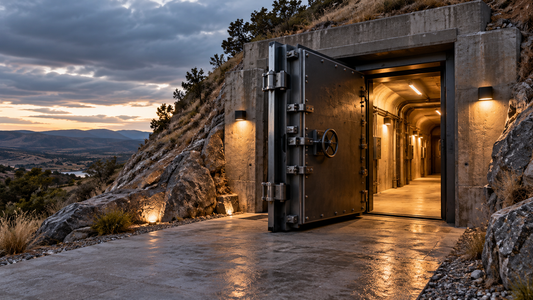Underground bunker blast door set into a hillside at dusk