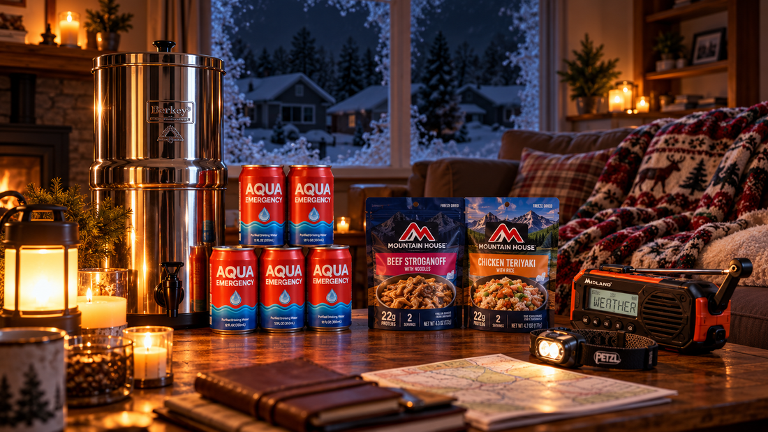 Emergency preparedness supplies during a winter power outage — Berkey water filter, Aqua Emergency Water cans, Mountain House freeze-dried meals, weather radio, and headlamp on a table by candlelight