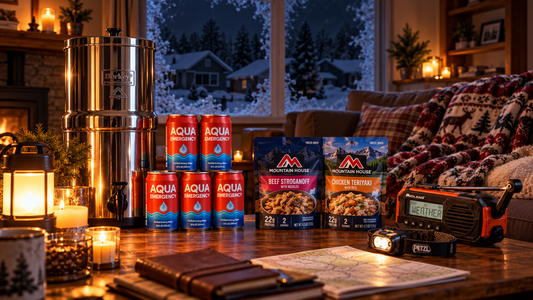 Emergency preparedness supplies during a winter power outage — Berkey water filter, Aqua Emergency Water cans, Mountain House freeze-dried meals, weather radio, and headlamp on a table by candlelight