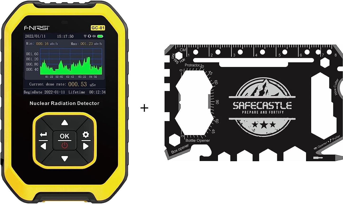 1 FNIRSI Radiation Dosimeter with Safecastle Multipurpose Toolkit Card