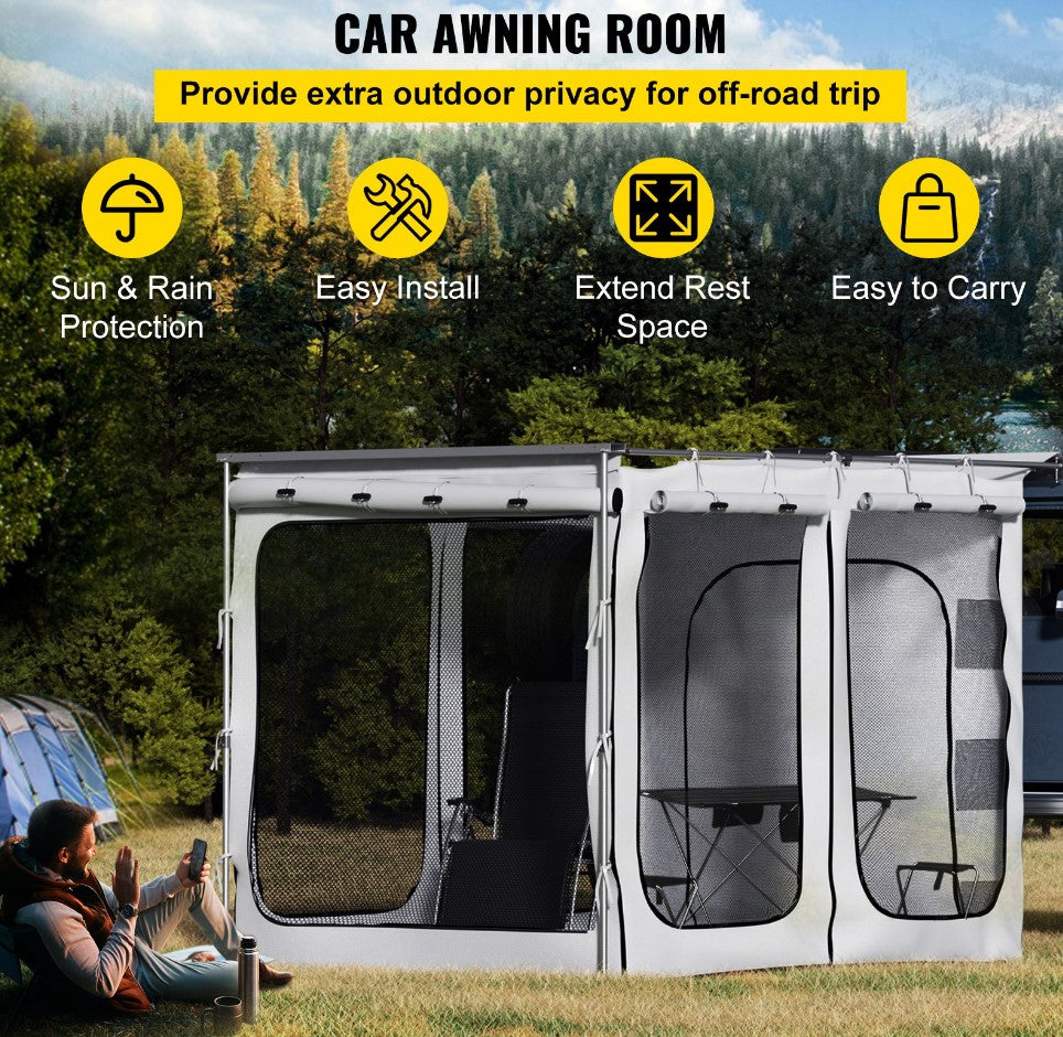 VEVOR Car Awning Room Accessory, Fit 8.2' x 8.2', 300D Oxford Car Awning Camping Tent with PVC Floor, Heavy Duty Extend Shelter for Car Awning SUV Tent Camper Van Overland Gear, Grey, Room Only
