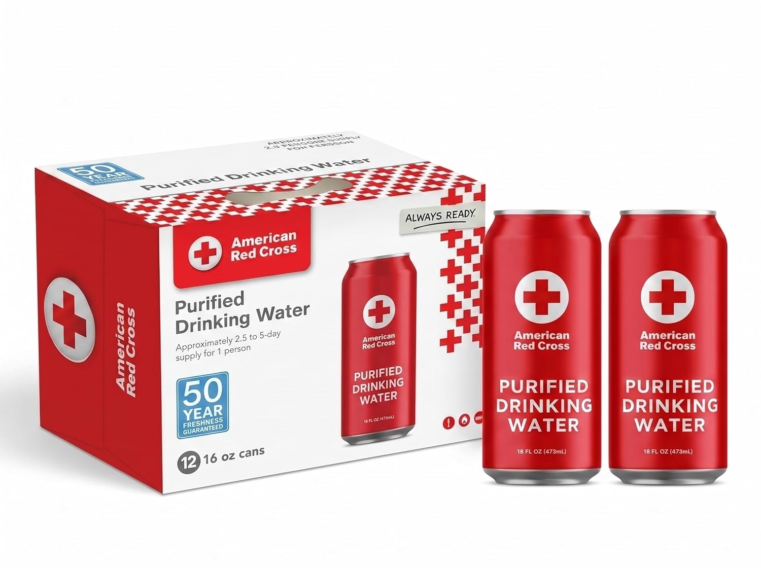 American Red Cross Emergency Purified Drinking Water, Case of 12, 50-Year Shelf Life, Hermetically Sealed Aluminum Cans, BPA-Free, 2.5–5 Day Supply Per Person, Emergency & Everyday Preparedness