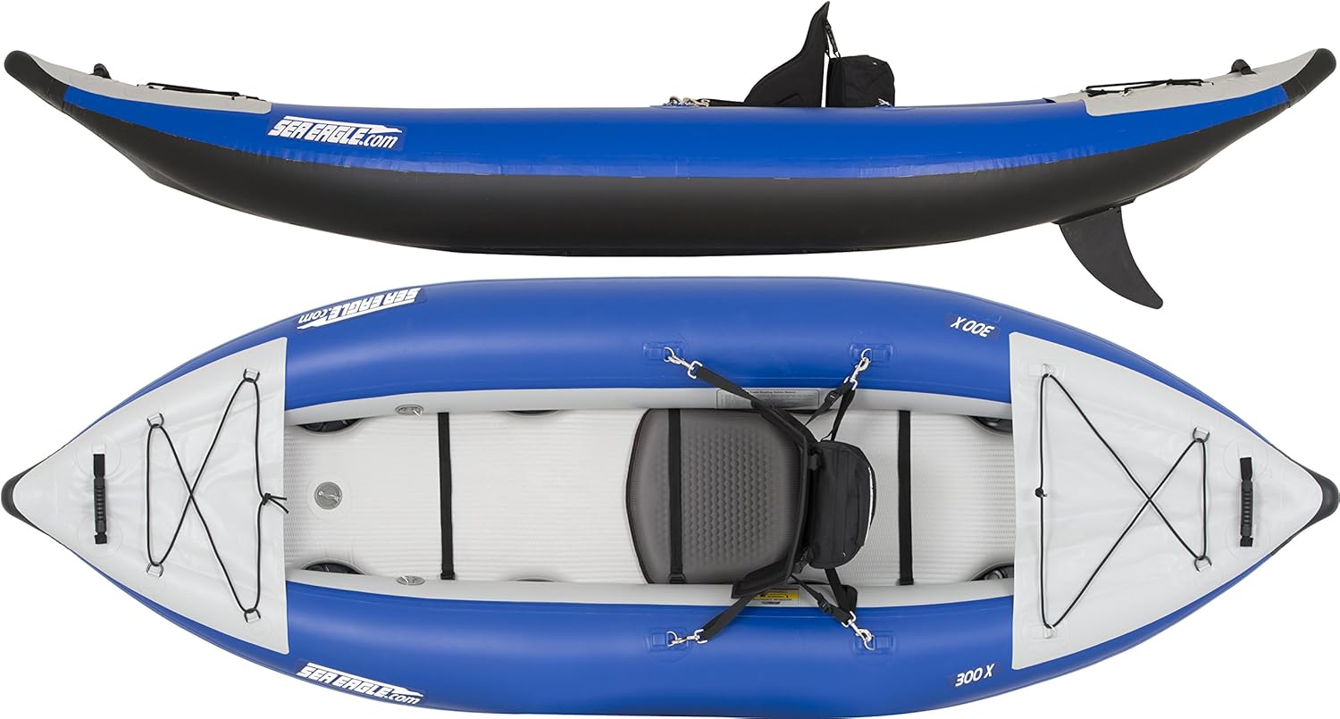 Sea Eagle 300X Explorer Touring, Camping, Fishing Whitewater Inflatable Kayak, Solo, Self-Bailing, Drop Stitch Floor-Paddle, Seat, Pump, Skeg, Bag | Pro Package