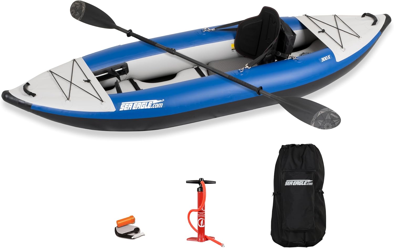 Sea Eagle 300X Explorer Touring, Camping, Fishing Whitewater Inflatable Kayak, Solo, Self-Bailing, Drop Stitch Floor-Paddle, Seat, Pump, Skeg, Bag | Pro Carbon Package