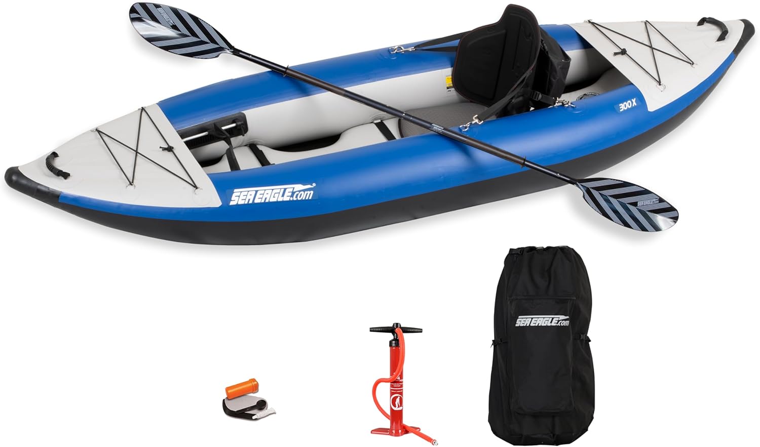 Sea Eagle 300X Explorer Touring, Camping, Fishing Whitewater Inflatable Kayak, Solo, Self-Bailing, Drop Stitch Floor-Paddle, Seat, Pump, Skeg, Bag | Pro Package