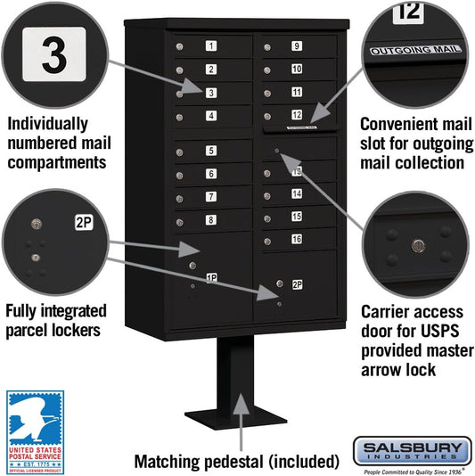 Cluster Box Unit (Includes Pedestal and Master Commercial Locks) - 16 A Size Doors - Type III Private Access