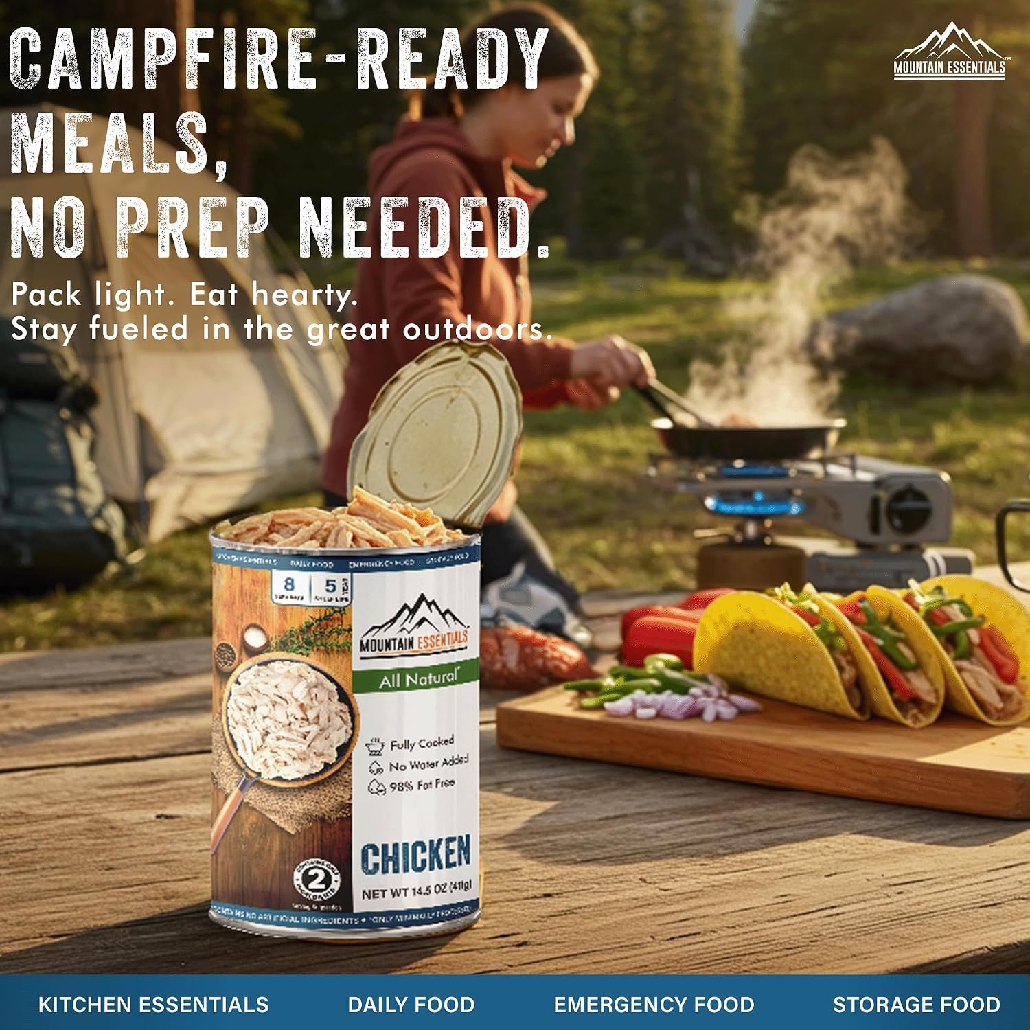 Mountain Essentials Fully Cooked Chicken 14.5 oz – 12g Protein per Serving (8 Servings per Can, 96 Total Servings) – Canned White Meat for Daily Meals, Camping & Emergency Food
