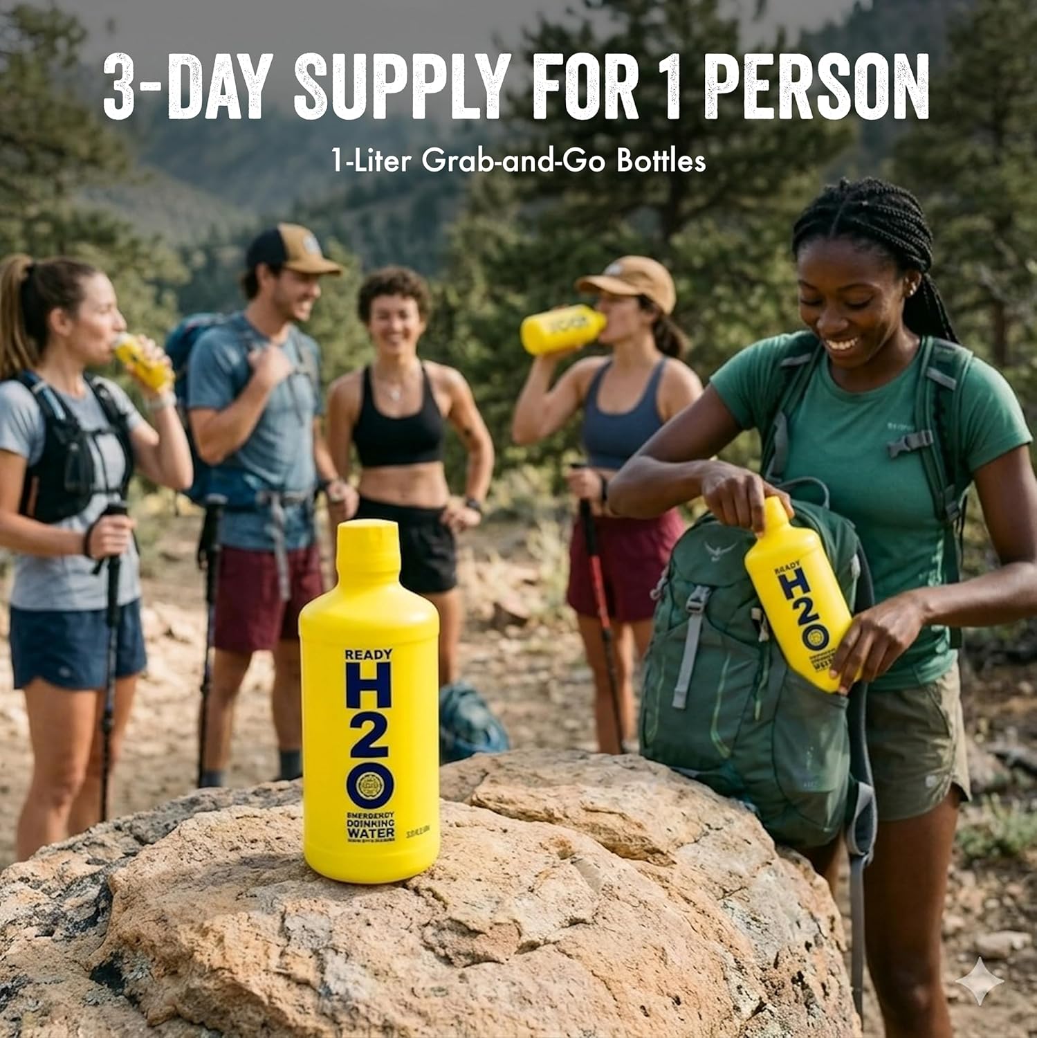 Ready H2O Bottled Emergency Drinking Water, 20 Year Shelf Life, Sealed for Long Term Storage, 3 Day Supply for 1 Person, Food Grade HDPE Bottles, Floating Design, 1 Liter Bottles, 12 Pack