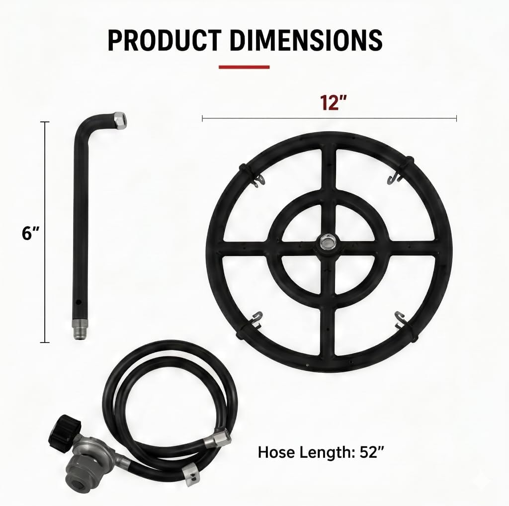 Volcano Fire Pit Burner Ring Kit for Volcano 2 & 3 Outdoor Grills –12” Double Steel Burner, 36 Flame Ports, Propane Regulator, 52” Hose & J-Tube | Portable Fire Pit for Camping, Patio & Backyard