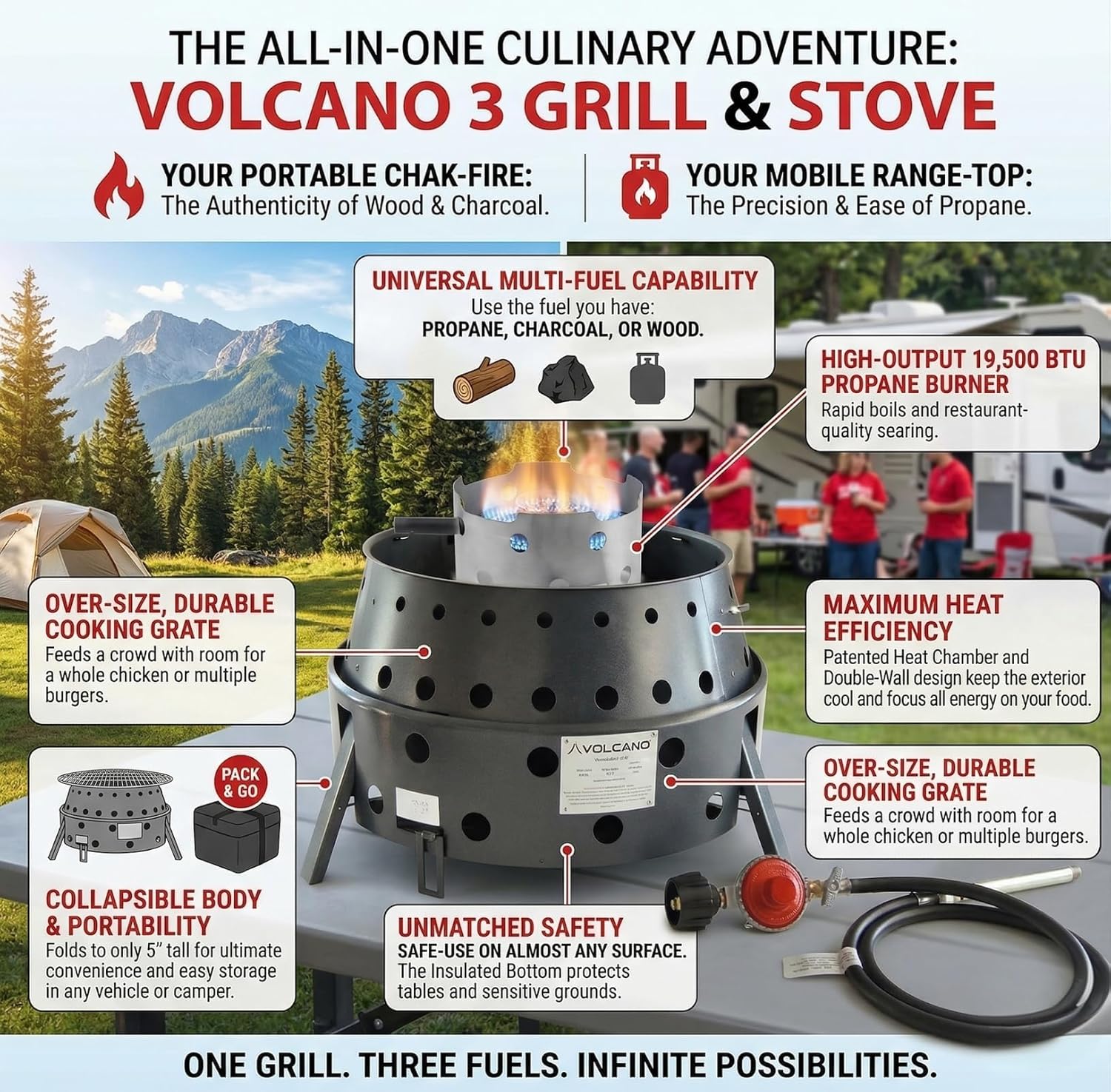 Volcano 3 Collapsible Portable Grill & Stove with Lid & Cookbook 19,500 BTU Burner 13” Cooking Surface Includes Carry Bag Regulator Hose & Heat Diffuser for Camping Tailgating & Dutch Oven Cooking