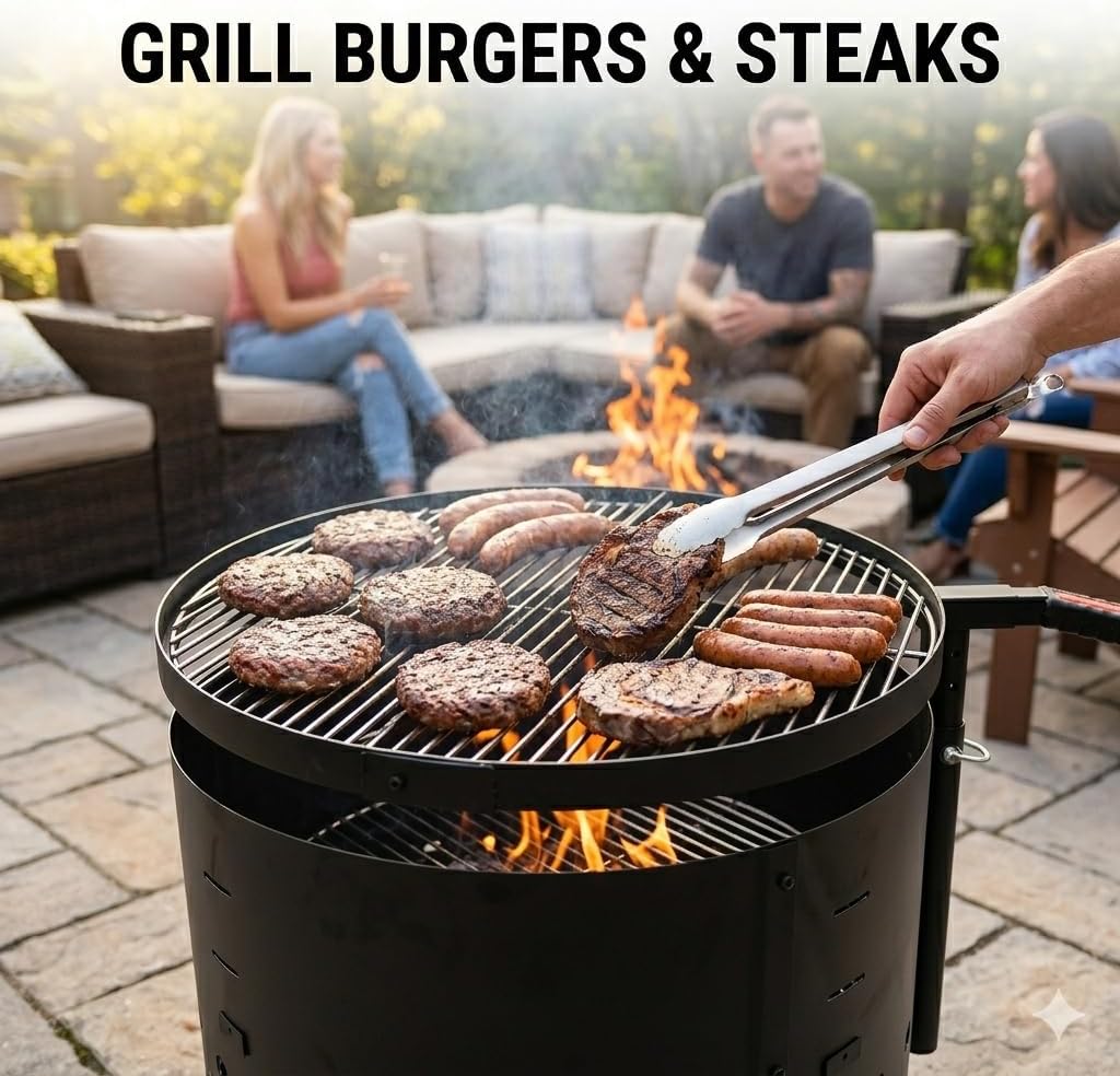 Volcano Fire Pit-Grill 24” Heavy Duty Steel Outdoor Fire Pit Cooking Grill System with Dutch Oven, 360° Rotating Adjustable Grill Ring, Wood & Charcoal Compatible for Backyard, Camping Cooking