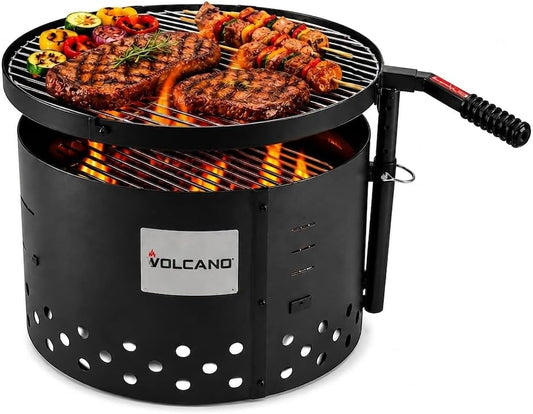 Volcano Fire Pit-Grill 24” Heavy Duty Steel Outdoor Fire Pit Cooking Grill System with Dutch Oven, 360° Rotating Adjustable Grill Ring, Wood & Charcoal Compatible for Backyard, Camping Cooking