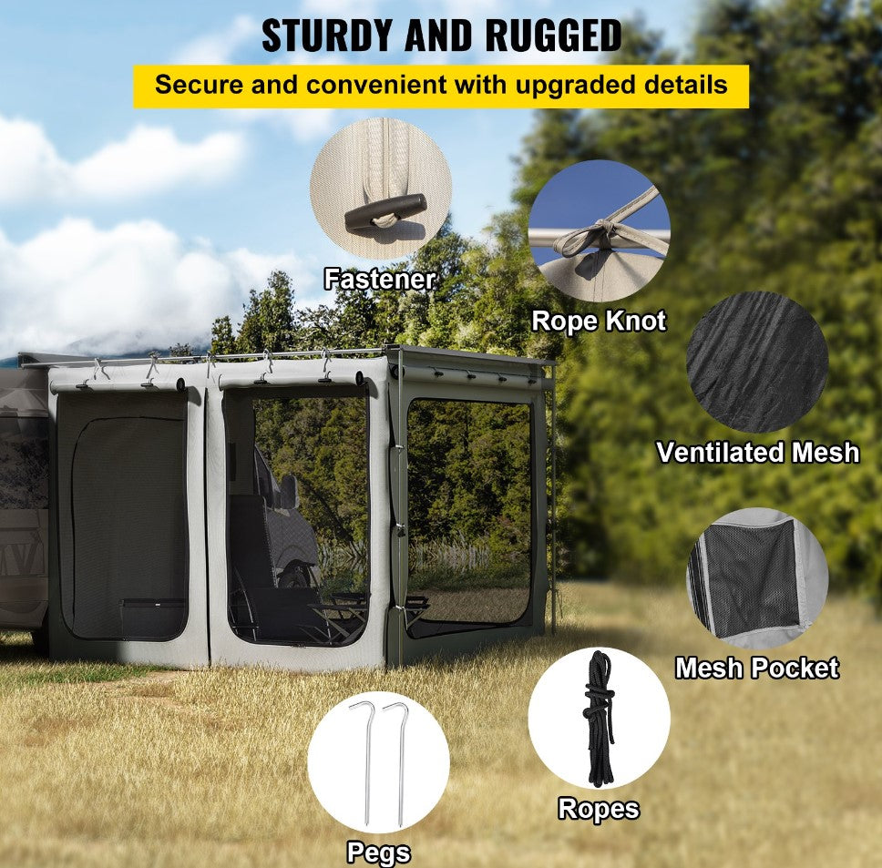 VEVOR Car Awning Room Accessory, Fit 8.2' x 8.2', 300D Oxford Car Awning Camping Tent with PVC Floor, Heavy Duty Extend Shelter for Car Awning SUV Tent Camper Van Overland Gear, Grey, Room Only