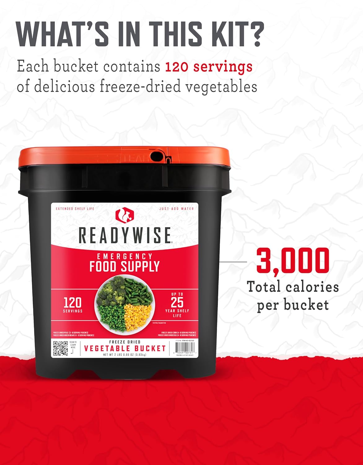 ReadyWise, 120 Servings, Vegetable Bucket, Broccoli, Sweet Corn, Green Beans, Peas, Freeze Dried, 20 Years Shelf Life, Emergency Food