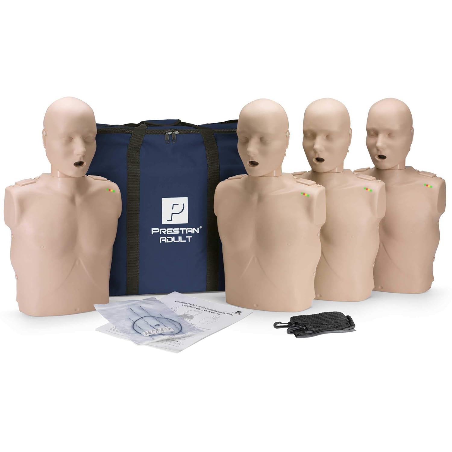 Prestan Professional Adult Medium Skin CPR-AED Training Manikin 4-Pack (with CPR Monitor) | Professional adult CPR/AED training manikin 4-pack with compression rate monitors for classroom practice and skills sessions.