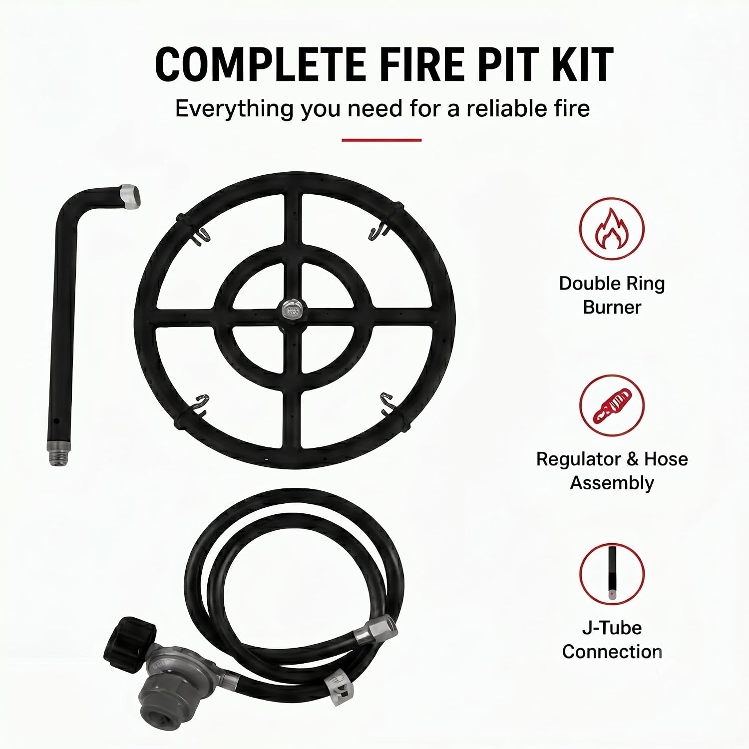 Volcano Fire Pit Burner Ring Kit for Volcano 2 & 3 Outdoor Grills –12” Double Steel Burner, 36 Flame Ports, Propane Regulator, 52” Hose & J-Tube | Portable Fire Pit for Camping, Patio & Backyard